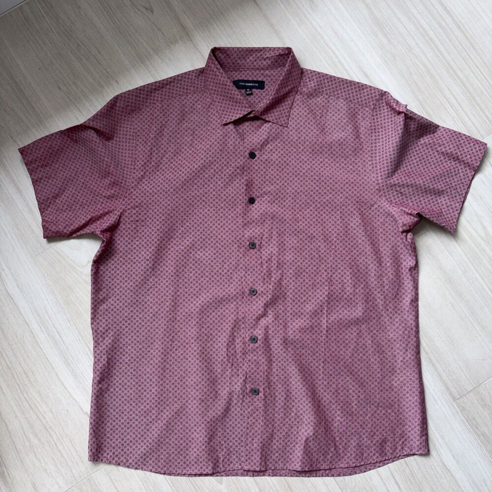 WestZeroOne Mens XL Button-Down Shirt Maroon Pattern Cuban Travel Retro Shirt